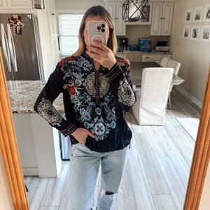 Johnny Was Black Embroidered Boho Blouse XS